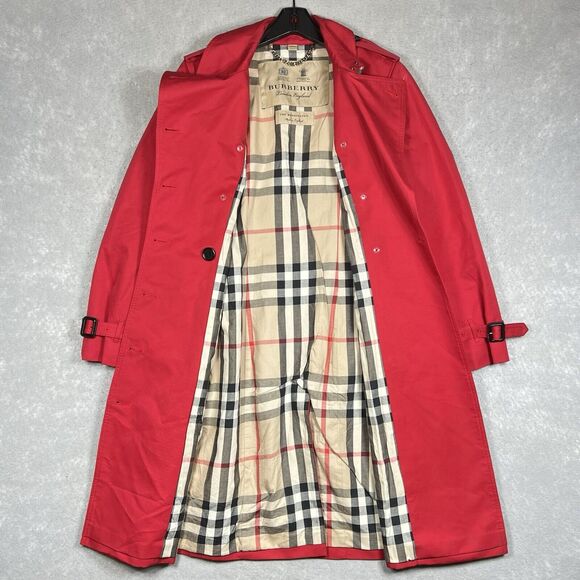 BURBERRY KENSINGTON Trench Coat Nova Check Lined Red Long Jacket Women Size 10 - Picture 2 of 16